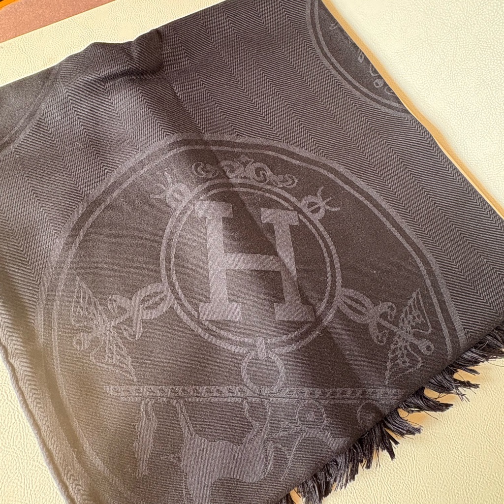 Herms Cashmere Silk Shawl Large H Logo Black Luxury Wrap